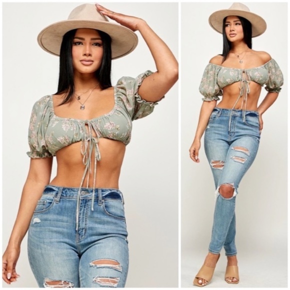 Sage Floral Cropped Off/On The Shoulder Tie Front Short Sleeve Top Casual - Picture 2 of 7